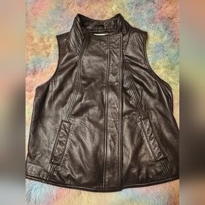 Liz Claiborne Womens Leather Vest Sz Lg Brown Asymmetrical Zip Moto Office City